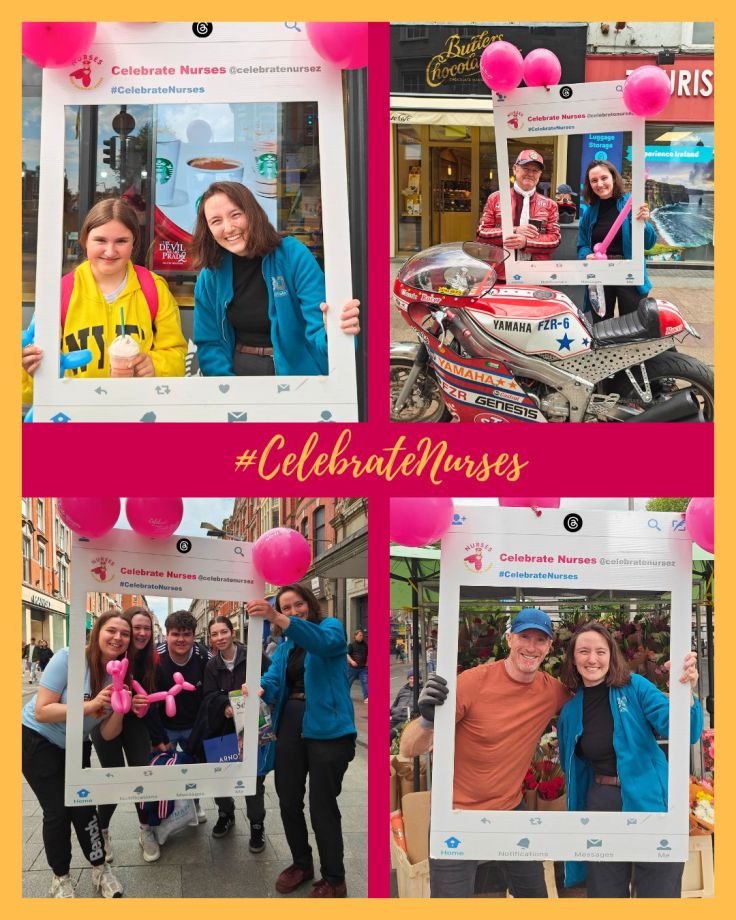 Collage of members of the public taking part in the #CelebrateNurses campaign in Dublin, posing with a branded photo frame to celebrate and thank nurses for their care, compassion and dedication.